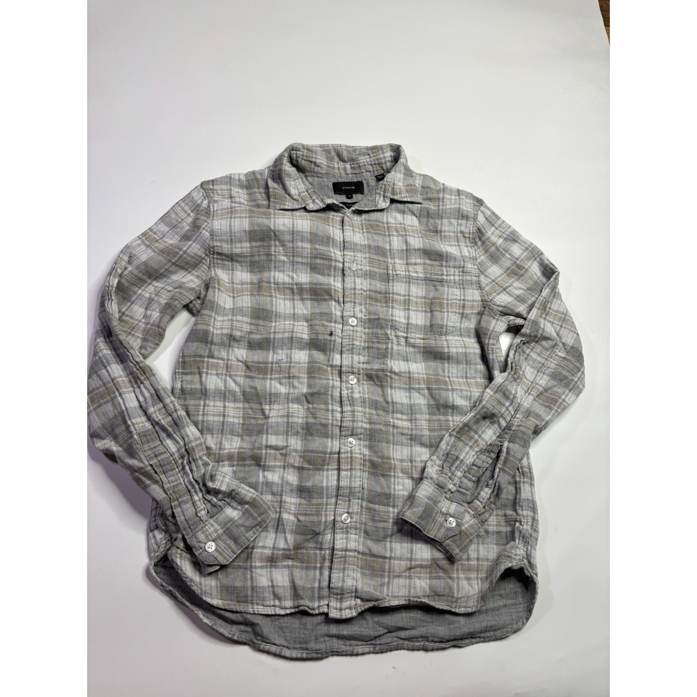 Vince Men's Gray Cotton Plaid Classic-Fit Dress Shirt Workwear Size M SEE